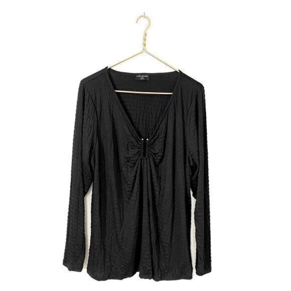 Lane Bryant 22/24 Plus Black Smocked Thin‎ Knit U Bar Blouse Top Long Sleeve